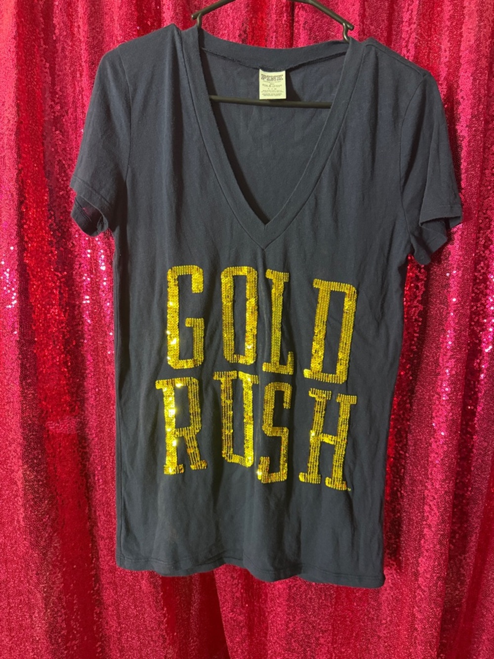 WVU Black V-Neck Tee with Gold Sequin "GOLD RUSH"